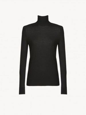 Chloe Scalloped High-neck Strickwaren Schwarz | CHE-SR13918